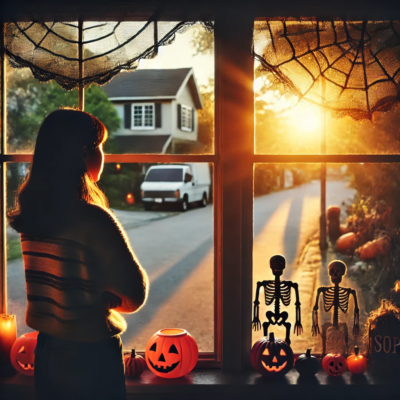 DALL·E 2024-10-23 21.29.45 - A young woman standing by her window, gazing out at a sunset-lit street lined with eerie Halloween decorations like pumpkins, spider webs, and skeleto (1)